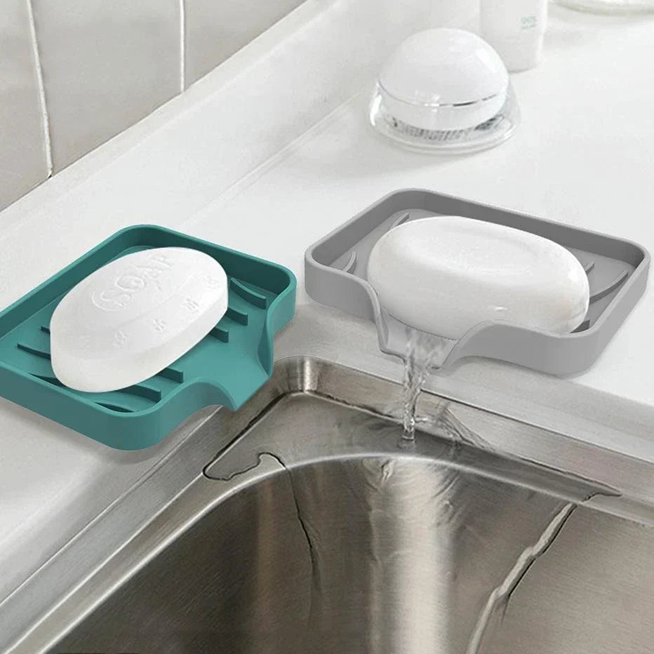 NEW Silicone Self Draining Soap Dish Holder Tray Sink Sponge Caddy Organizer
