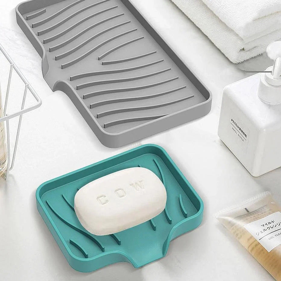 NEW Silicone Self Draining Soap Dish Holder Tray Sink Sponge Caddy Organizer
